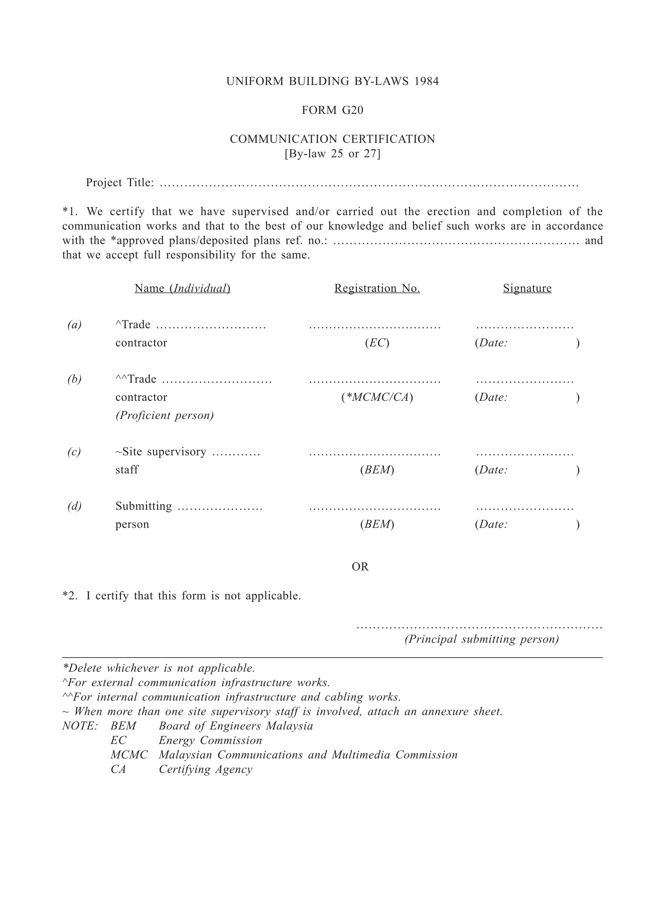Form G20 COMMUNICATION CERTIFICATION